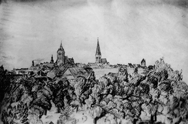 Ansicht von Anklam, Zeichnung von Otto Lilienthal, 1865