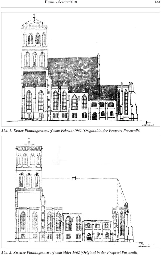 Zwei Planungsentwürfe des Anklamer Architekten Kurt Buchholz 1962 zum Aufbau und kirchlichen Umnutzung der Nikolaikirchruine, Quelle: LKAP Landeskirchliches Archiv Greifswald – Außenstelle Propstei Pasewalk